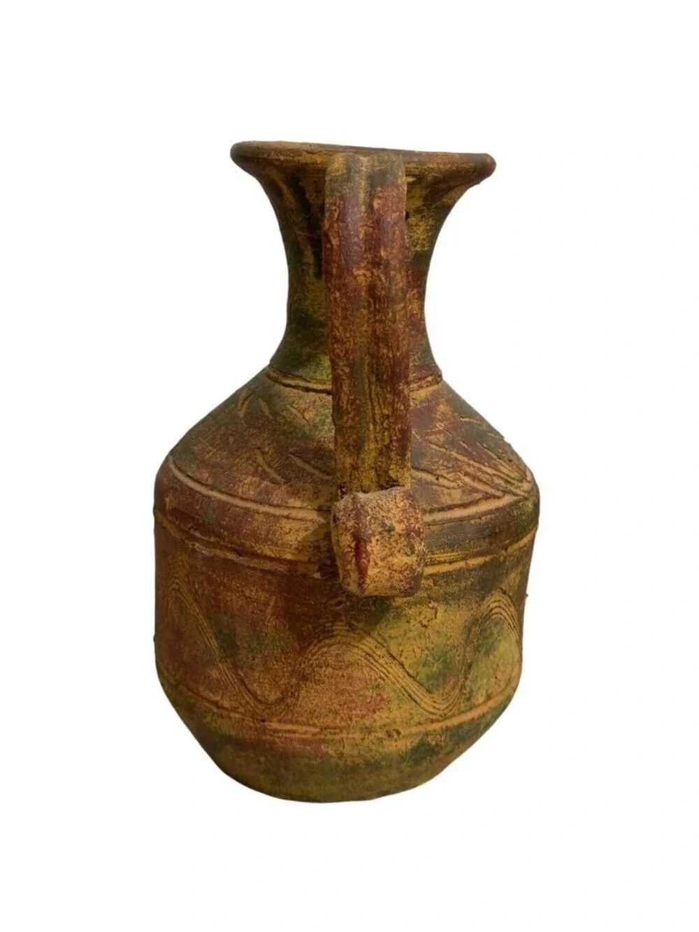 Vintage Rustic Handmade Mexican Clay 2 Handle Pottery Vase Artisan Earth Tones